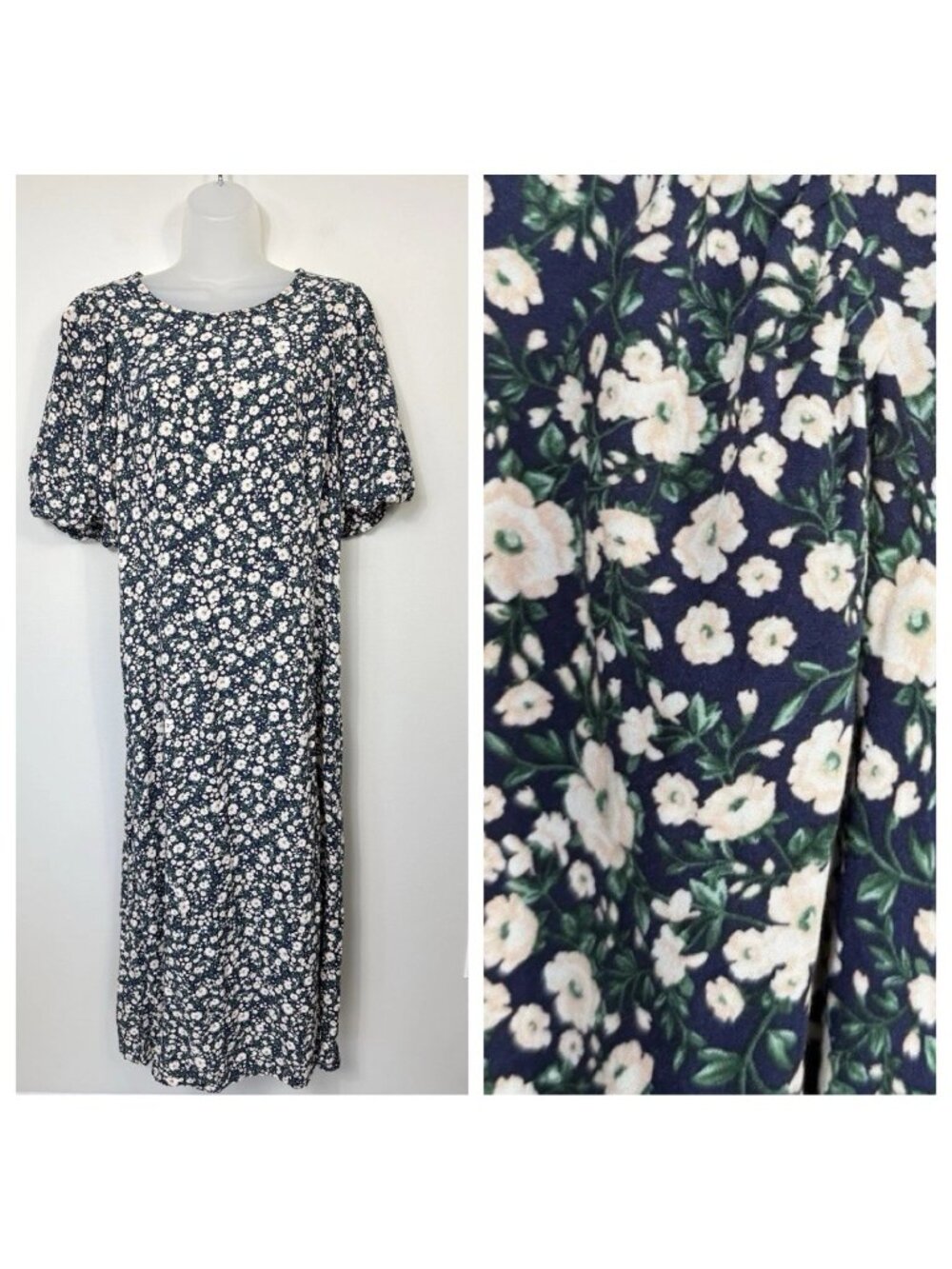 Old Navy Dress XL Floral Maxi Puff Sleeve Blue Pink Easter Spring Ditsy